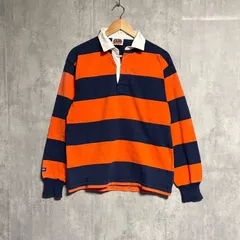 BARBARIAN(バーバリアン) 【カナダ製】ラガーシャツ S ボーダー オレンジ ネイビー｜RUGBY WEAR 長袖 ポロシャツ ヘビーウェイト 肉厚 紺 希少カラー 古着 ビンテージ 90s ストリート アメカジ ラグビー ワークのサムネイル