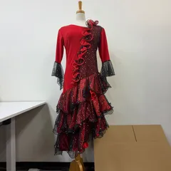 社交ダンス衣装 ドレス ワンピース  赤 フリル 胸パッド付き