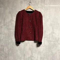 HARDY AMIES(ハーディエイミス) ノーカラー ツイードジャケット ラメ ジグザグ 赤 黒 M位 ヴィンテージ バブル 90s レトロ 派手 総柄 金ボタン ベロア 切替  パーティー 高級感 昭和レトロ 個性的 古着女子 美品 1点物のサムネイル
