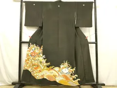 平和屋着物■豪華黒留袖　駒刺繍　流水草花文　松竹梅　金彩　正絹　逸品　DABB3662cm