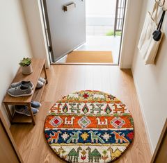 手織り ギャッベ 円形 45cm チェアパッド 玄関マット ミニマット (リーズバフ)