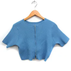 ミスティック mystic Wジップ ニット セーター 半袖 丸首 ショート丈 リブ 無地 F ライトブルー /FT41