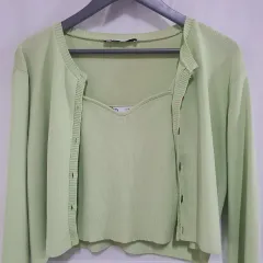 ザラ ミント 透かし編み ニット クロップド ノースリーブカーディガン セット レディース90 0617