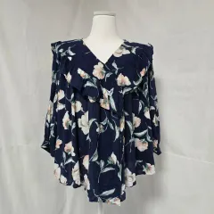 ブレス フラワーパターン フリルシャーリング 長袖 ブラウス ネイビー レディース Fサイズ 0902
