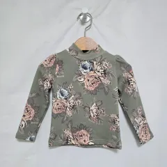 新品) ペリーミツ カーキ フラワーパターン 長袖 キュービック Tシャツ キッズ 2-3歳 1017