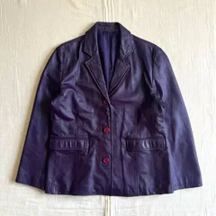 90s　vintage　ヴィンテージ古着　シングル　テーラードジャケット　襟付きブルゾン　ボタン留め　本革　牛革　リアルレザー　パープル　フラップポケット　グランジ　Y2K　purple real leather single tailored jacket
