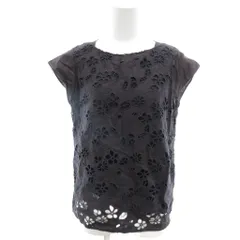 セオリーリュクス theory luxe 美品 ブラウス 麻 リネン EYELET 紺 ネイビー 花柄 カットワーク ラウンドネック 半袖 /SJ ■GY58