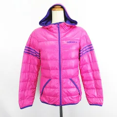 アディダス adidas ダウンジャケット アウター 長袖 フード ジップアップ ライン ロゴ S ピンク スポーツウェア ※EKM