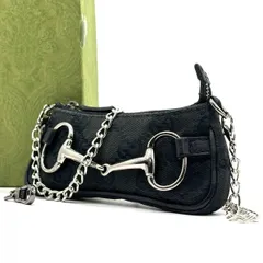 【アクセ感覚で映える】　GUCCI　コインケース ミニポーチ アクセサリーポーチ ホースビット GGキャンバス チェーン 小物収納　ブラック