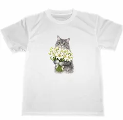 ドライ　Tシャツ　猫　花束　百合の花　灰猫　グレー