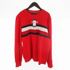 トミーヒルフィガー TOMMY HILFIGER スウェット トレーナー クルーネック ロゴ プリント ライン 赤 レッド 裏起毛 M