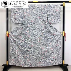 小紋 型染 縮緬 四季の花柄 牡丹 菊 紅葉 白百合色 しつけ糸 K-2607