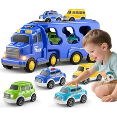 VIXA 車 おもちゃ 豪華5セット 多機能キャリアカーおもちゃ 音と光で楽しめる 工事車両 消防車 大型トラック 収納ケース ミニカーセット プルバックカー 頑丈なABS素材 男の子 女の子 誕生日 クリスマス プレゼント (青色)・ 3fdd0c6f