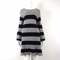 イエナ IENA ニット ワンピース チュニック アンゴラ ウール パフ 長袖 ボーダー柄 F グレー 黒 ブラック