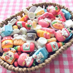 【493】50個 デコパーツ ミニチュア いぬ コーヒー ケチャップ ミルク スプーン フォーク ミックス まとめ売り