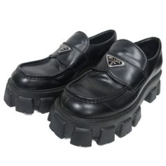 美品 プラダ ローファー モノリス 三角ロゴ ブラッシュドレザー 厚底 25 黒 プラダ PRADA 25SS モノリス ブラッシュドレザー ローファー 三角