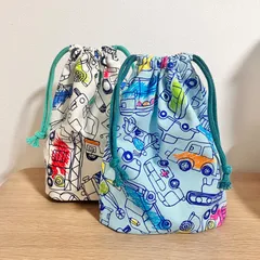 コップ袋  乗り物  ブルー&ホワイト ２枚セット