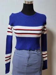 青 ストライプ リブニット Tシャツ