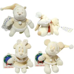 タグ付き ホワイト クリスマス ぬいぐるみバッジ 4点セット ミッキー / ミニー / プルート / くまのプーさん 東京ディズニーランド