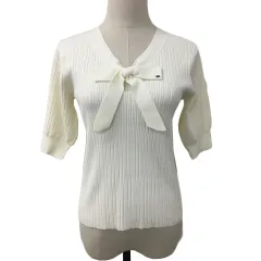 ジルバイジルスチュアート JILL by JILLSTUART セーター ニット Vネック リブ リボン 無地 五分袖 FR 白 ホワイト