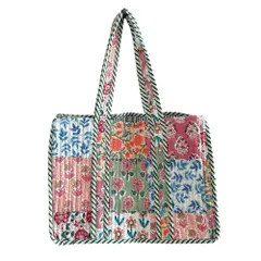 ミニトートバッグ　ブロックプリント　パッチワークコットンキルト　ピンク