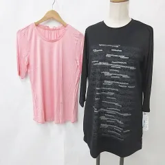 サユリ 沙由梨 カットソー 2枚セット Tシャツ 丸首 プリント 七分袖 半袖 シフォンテープ ギャザー 黒 ピンク ブラック M