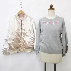 コルザ COLZA アロー ARROW ニット ジャケット 2枚セット プルオーバー 丸首 長袖 刺繍 ブルゾン ジップアップ 中綿 リバーシブル リブ グレー ベージュ 白 ホワイト M