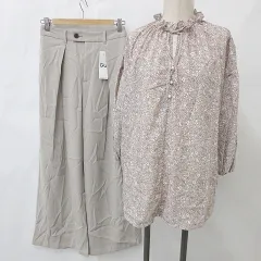 ジーユー GU ブラウス パンツ 2枚セット 七分袖 フリルネック リボン ワイドパンツ ロング丈 花柄 ピンク ベージュ M