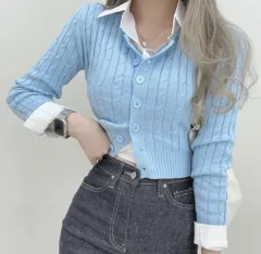 エイブリー クロップド ケーブル編み ニット カーディガン ライトブルー 出品