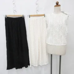 ジーユー GU パンツ ブラウス 3枚セット ロング丈 レース ノースリーブ 丸首 黒 白 ブラック ホワイト S