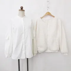 ジーユー GU モードレーヌ ブラウス ノーカラージャケット 2枚セット 長袖 マオカラー フリル ジップアップ ボア 白 ホワイト M F