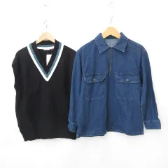 ジーユー GU シャツ ベスト 2枚セット プルオーバーシャツ 長袖 デニム ハーフジップ ニット Vネック チルデン 綿 青 黒 白 緑 ブルー ブラック ホワイト グリーン S