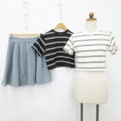ジーユー GU アプレジュール apres jour スカート カットソー 3枚セット ミニ丈 フレア タック 半袖 丸首 ショート丈 ボーダー 青 白 黒 ブルー ホワイト ブラック S F