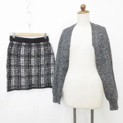 ジーユー GU カーディガン スカート 2枚セット 長袖 ボレロ ニット タイト ミニ丈 チェック柄 グレー 黒 ブラック M