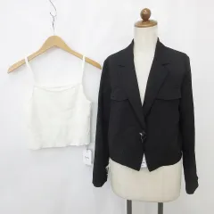 ジーユー GU グレイル GRL テーラードジャケット キャミソール 2枚セット 長袖 シングル クロップド丈 ニット 黒 白 ブラック ホワイト M