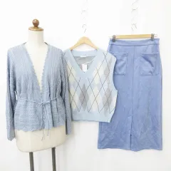 ジーユー GU カーディガン ベスト スカート 3枚セット 長袖 ニット リボン Vネック プルオーバー ロング丈 スリット タイト アーガイルチェック柄 青 ブルー M