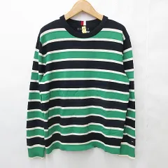 トミーヒルフィガー TOMMY HILFIGER ニット セーター 長袖 丸首 ロゴ 綿 ボーダー 紺 緑 白 ネイビー グリーン ホワイト L