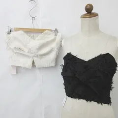 ワンアフター アナザー ナイスクラップ one after another NICE CLAUP ビスチェ 2枚セット ベアトップ ツイスト シャーリング フリンジ ジャガード 黒 ブラック アイボリー 