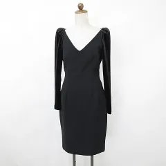 ザラ ベーシック ZARA BASIC ワンピース フォーマル パーティ 2次会 ひざ丈 長袖 Vネック タイト 別布 切替 紺 黒 ネイビー ブラック M