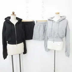 グレイル GRL セットアップ ルームウェア 部屋着 2枚セット パジャマ パーカー スカート 長袖 ジップアップ フード ミニ丈 インパンツ 裏起毛 ブラック グレー 黒 F