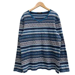 バーバリーブラックレーベル BURBERRY BLACK LABEL  Vネックニットシャツ 幾何学柄 刺繍 コットン ブルー系 サイズ3 L相当 