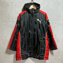 PUMA プーマ キッズ 子供服 裏フリース ベンチコート ストライプ ナイロン ジャケット ジャンパー ジップパーカー 160cm サッカー スポーツ ロゴ 刺繍 男の子 ブラック 黒 レッド SG406-1