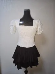 パフ 半袖 スモーク ブラウス 白