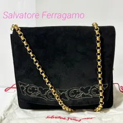 Salvatore Ferragamo フェラガモ 刺繍 BF210646 スエード レザー 2way チェーン ショルダー クラッチ バッグ ゴールド金具 ブラック B7435020R
