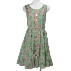 ロイスクレヨン Lois CRAYON ワンピース 総柄 花柄 ひざ丈 ノースリーブ ギャザーフレア ウエストリボン M グリーン系 /X