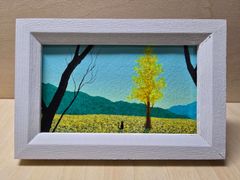 羊毛フェルト 刺繍「ひまわり畑」フレーム ハンドメイド 風景画 羊毛