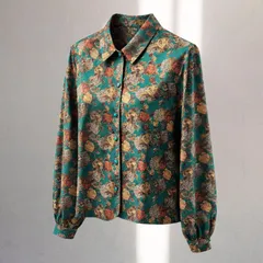 90's ヴィンテージ ローズ 花柄 レトロ クラシック ブラウス グリーン系 長袖 トップス 昭和レトロ