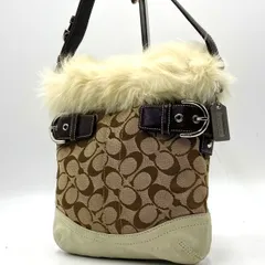 美品● COACH コーチ ショルダーバッグ ワンショルダー ファー ロゴ シグネチャー キャンバス スエード レザー