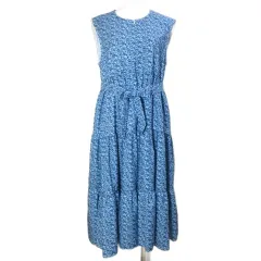 チョコア CHOCOA 美品 授乳ワンピース ロング マタニティウェア ノースリーブ ティアード リボン付き 青 ブルー フリーサイズ X