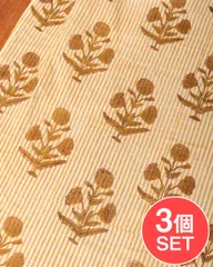 【3個セット】〔1m単位切り売り〕ジャイプル　職人手作り木版染め　色彩美しいボタニカルデザイン〔幅約112cm〕〔ベージ